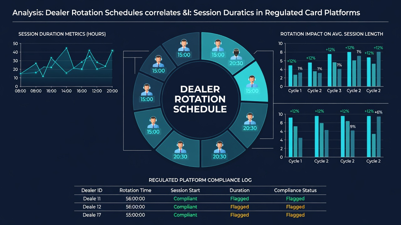 Visual representation of dealer rotation schedules and session duration metrics in virtual card platforms