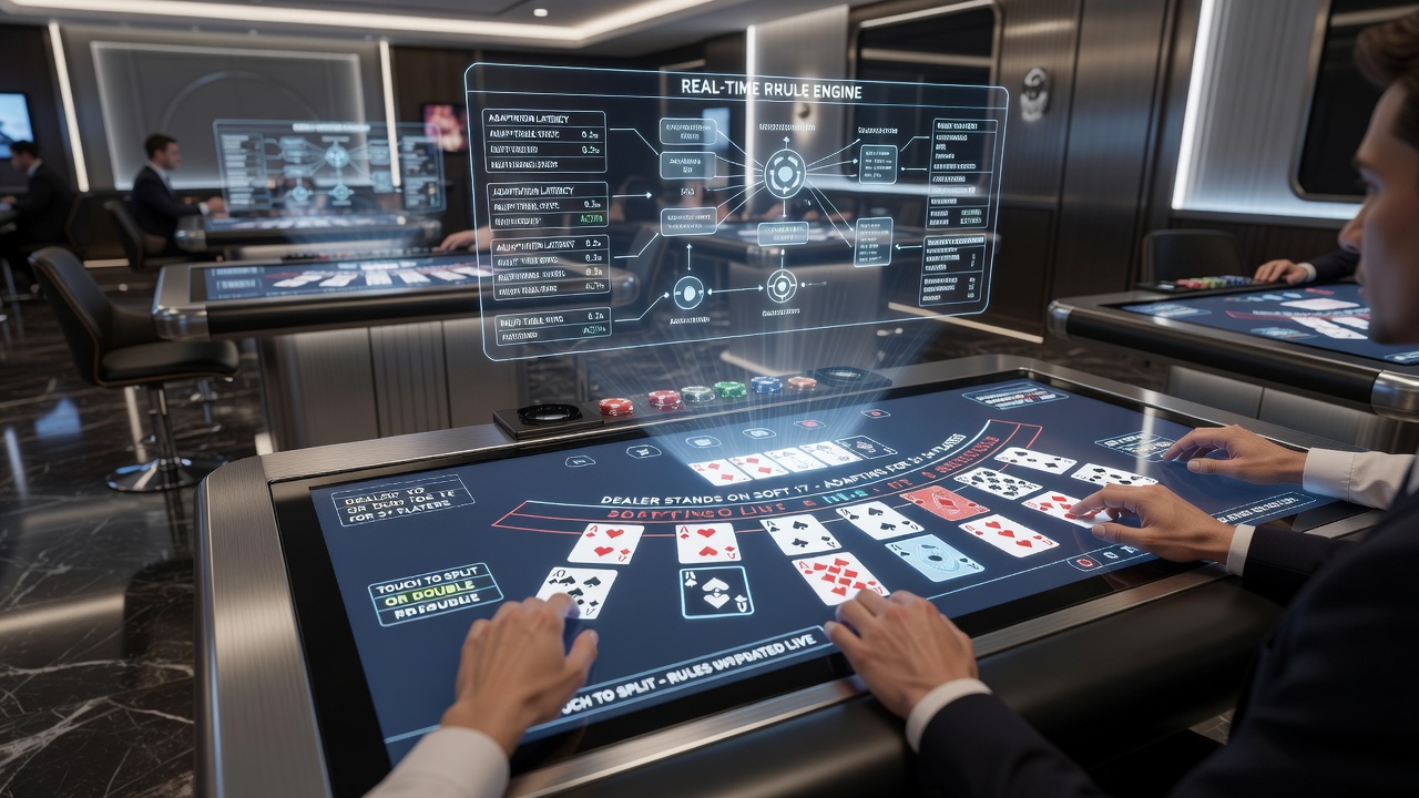 Multi-state blackjack platform dashboard showing real-time rule adaptation across different jurisdictions
