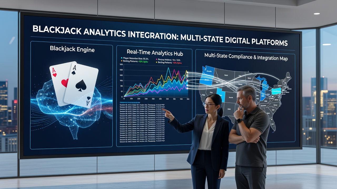Multi-state platform interface showing synchronized blackjack analytics and compliance alerts