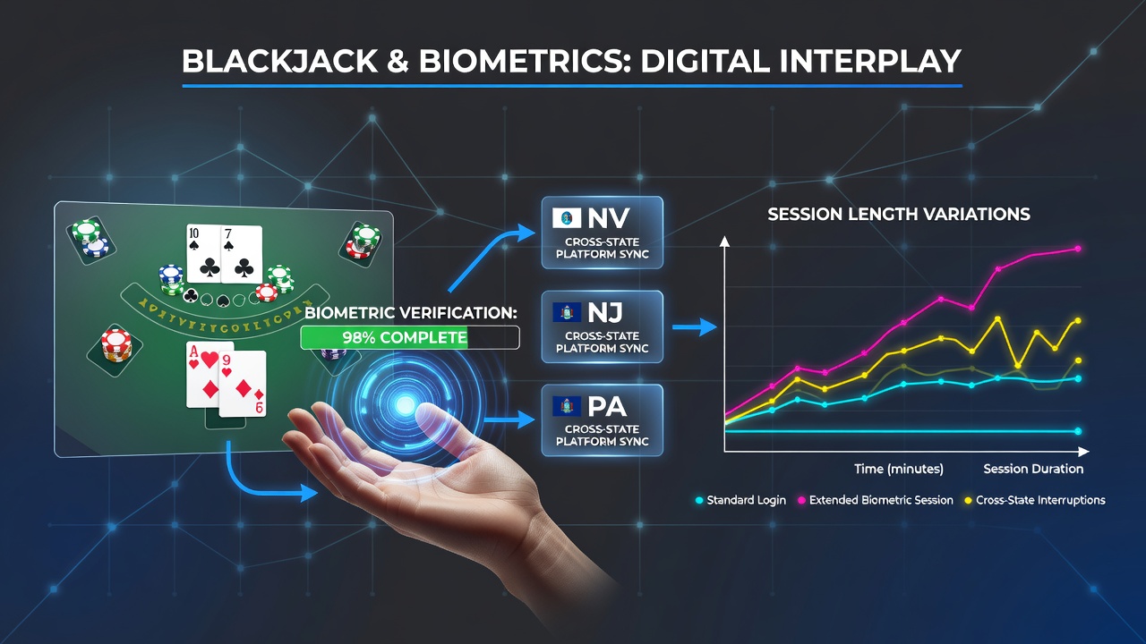 Biometric login interface on a digital blackjack platform showing fingerprint and facial recognition options
