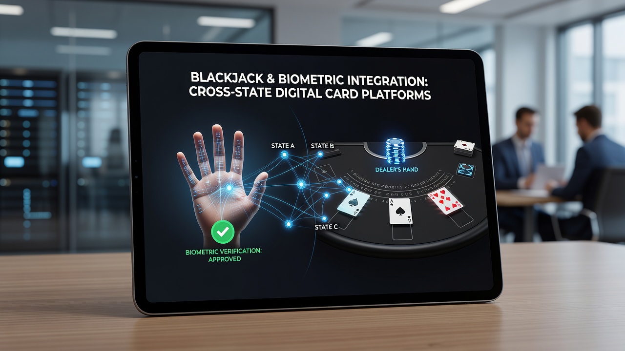 Player engaging with a multi-state blackjack app using biometric authentication on a mobile device