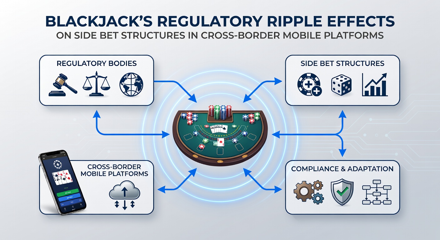 Illustration of mobile blackjack interface showing side bet options under regulatory overlays across international borders