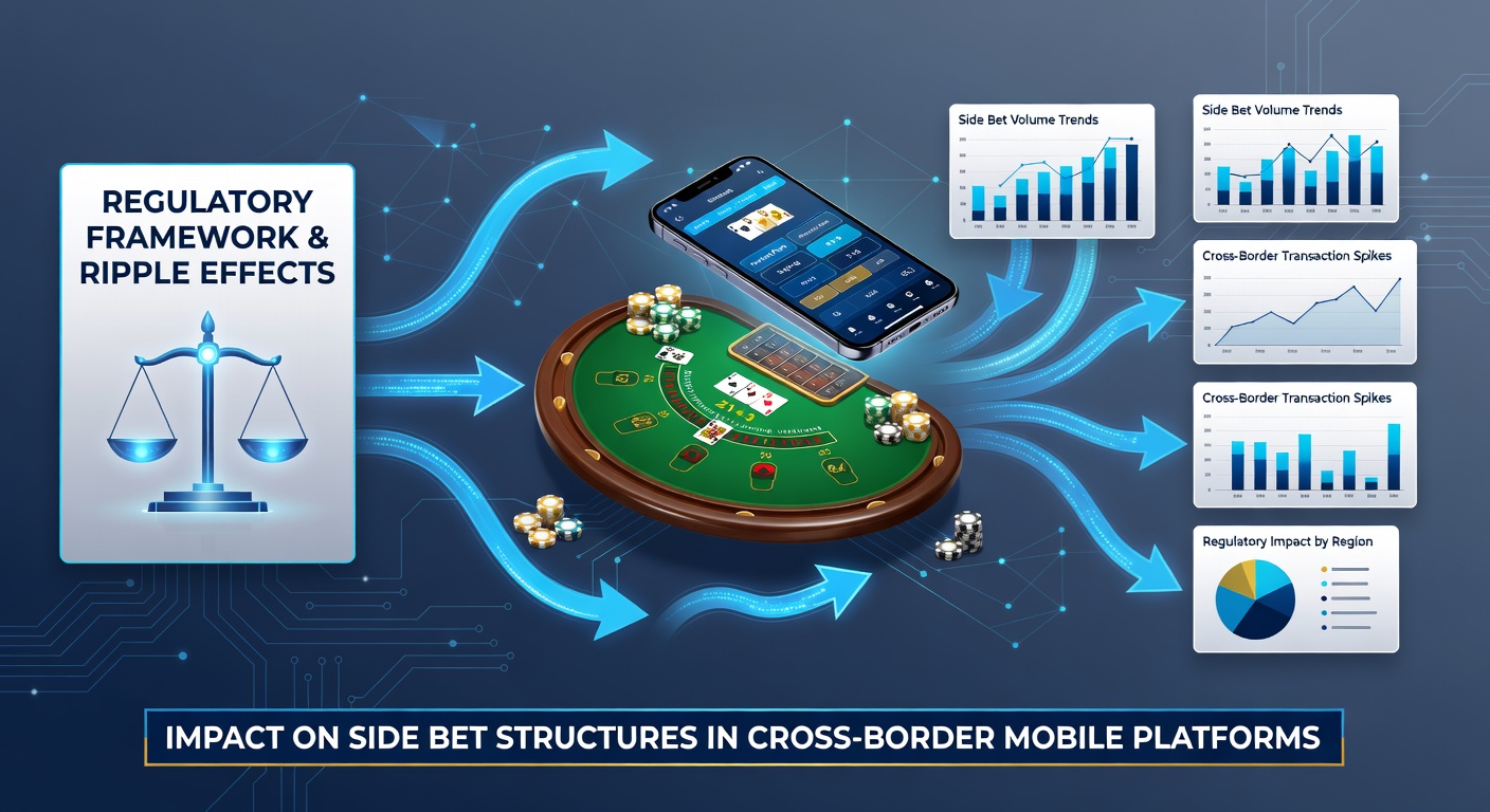 Diagram depicting cross-border data flows and side bet configuration changes on mobile blackjack platforms