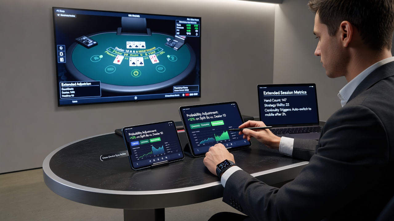Blackjack player reviewing strategy charts on multiple synchronized devices during a long regulated gaming session