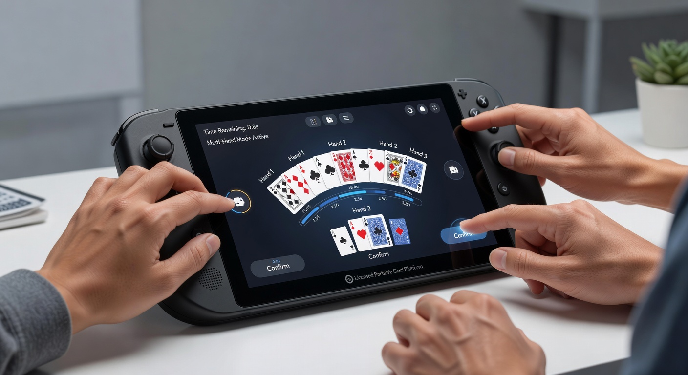 Close-up of player hands using touch gestures on a tablet showing multiple blackjack hands in progress