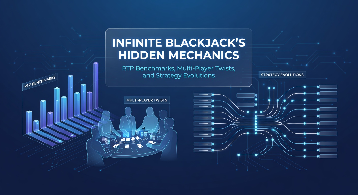 Digital rendering of Infinite Blackjack table with multiple virtual player seats and shared dealer cards glowing on screen