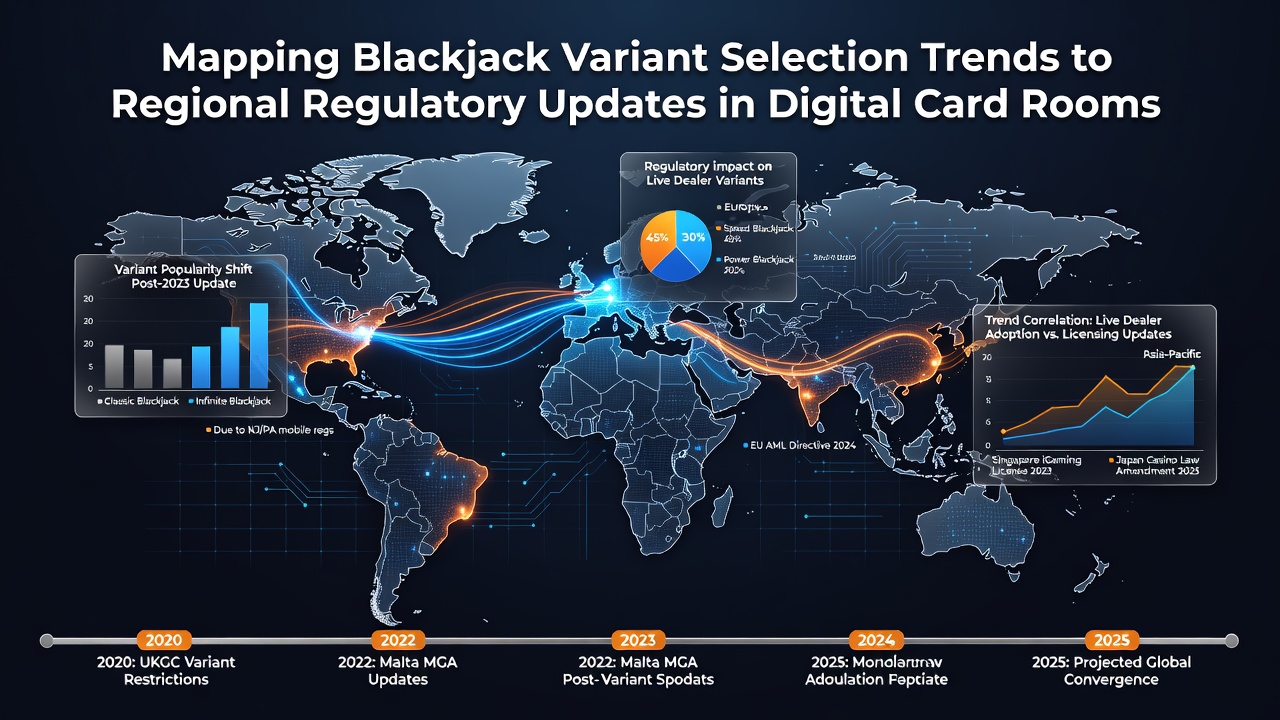 Digital card room interface showing blackjack variant options and regional regulatory indicators