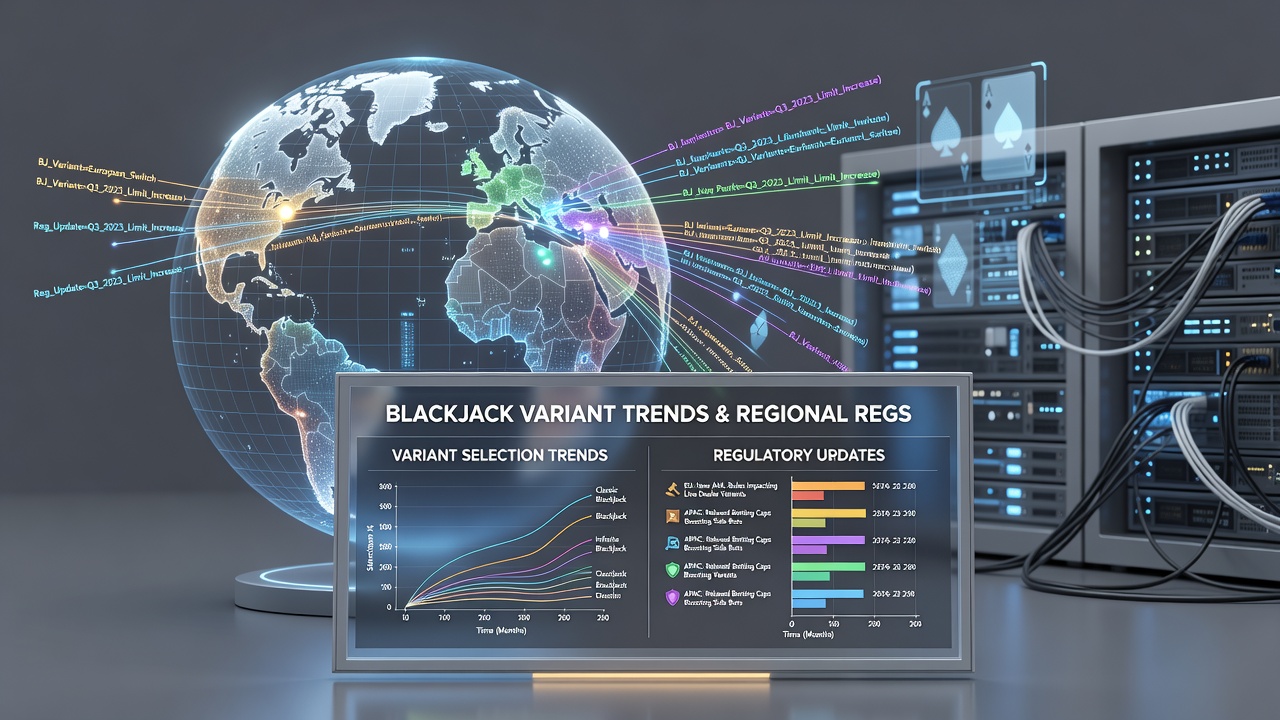 Analytics dashboard displaying blackjack variant selection data mapped against regulatory timelines