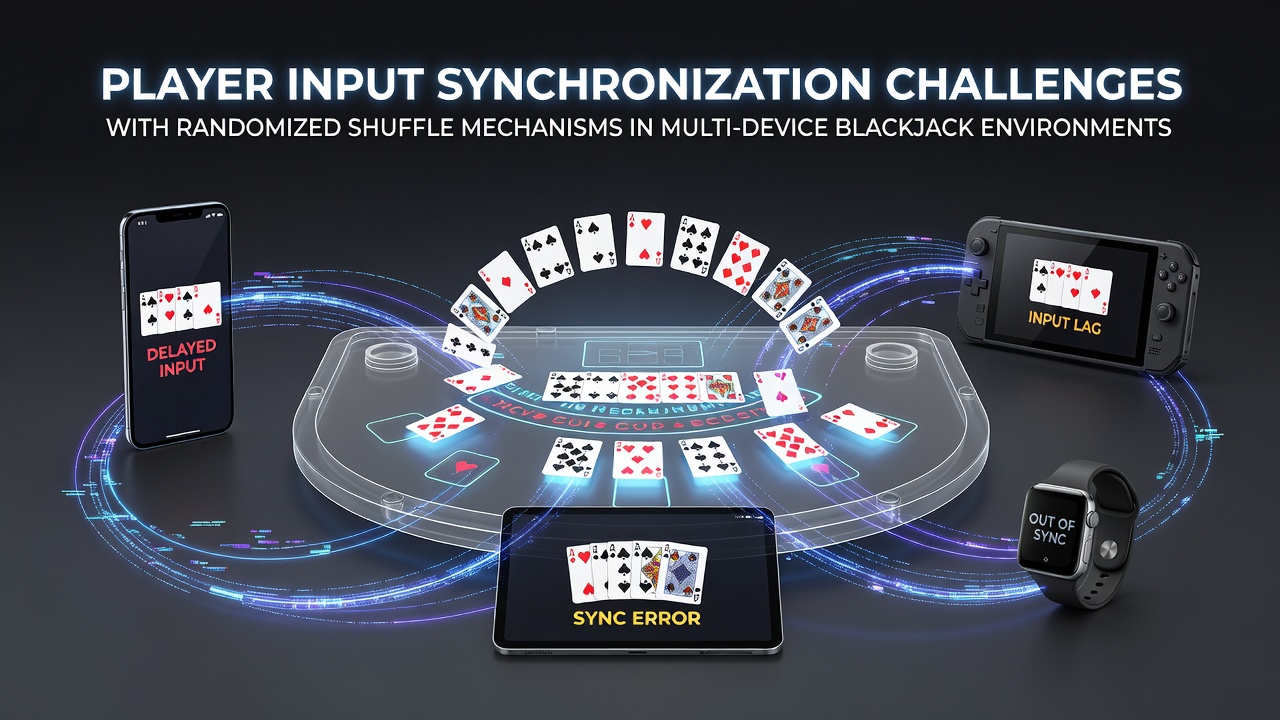 Diagram illustrating player input timing conflicts across multiple devices during a randomized shuffle sequence in online blackjack