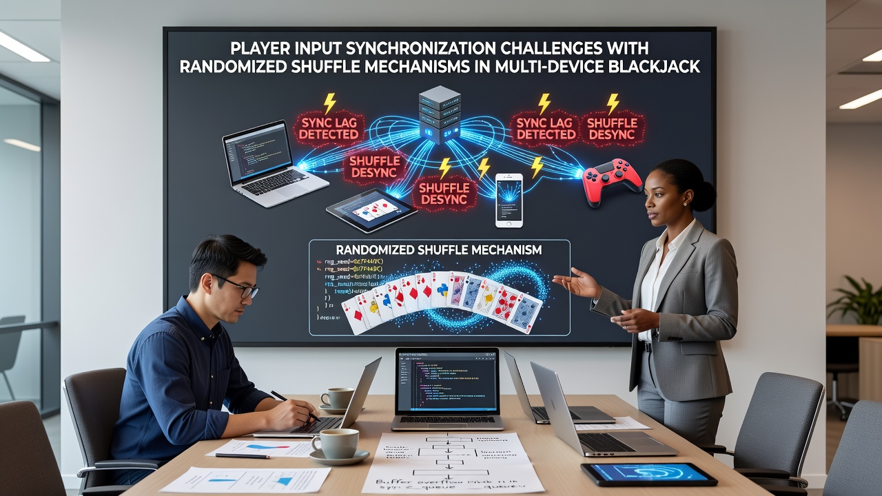 Network latency graph showing input synchronization delays across devices in a multi-player blackjack shuffle environment