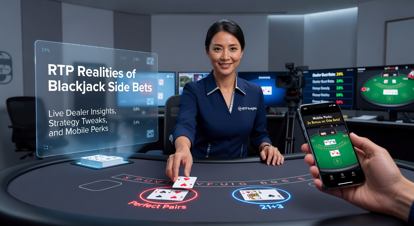 Close-up of a mobile device displaying a live blackjack game with side bets active, dealer visible in split-screen