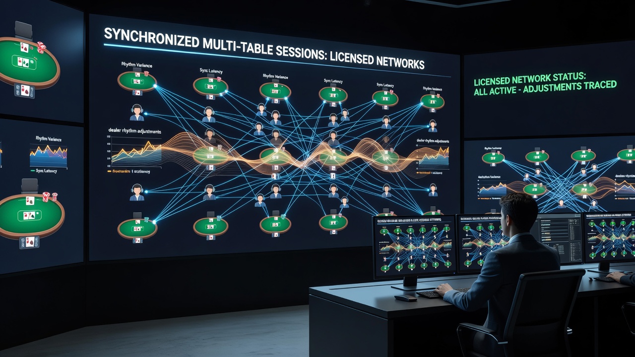 Close-up of dealer console displaying real-time rhythm metrics in a multi-table licensed card network